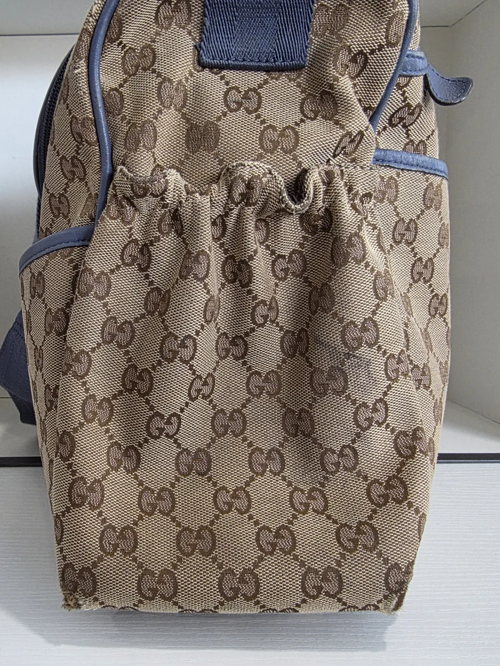 Gucci Beige GG Supreme Canvas Shoulder/Baby/Diaper Bag with Blue Trim